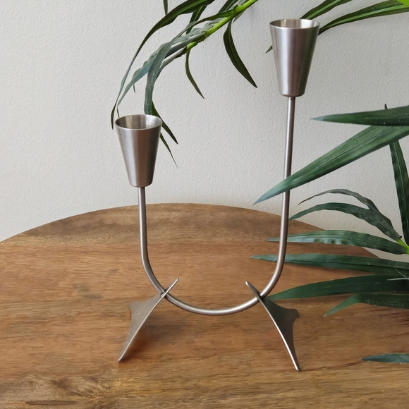 Vintage MCM Carnival Designs Stainless Steel Double Tiered Candleholder - Picture 1 of 5